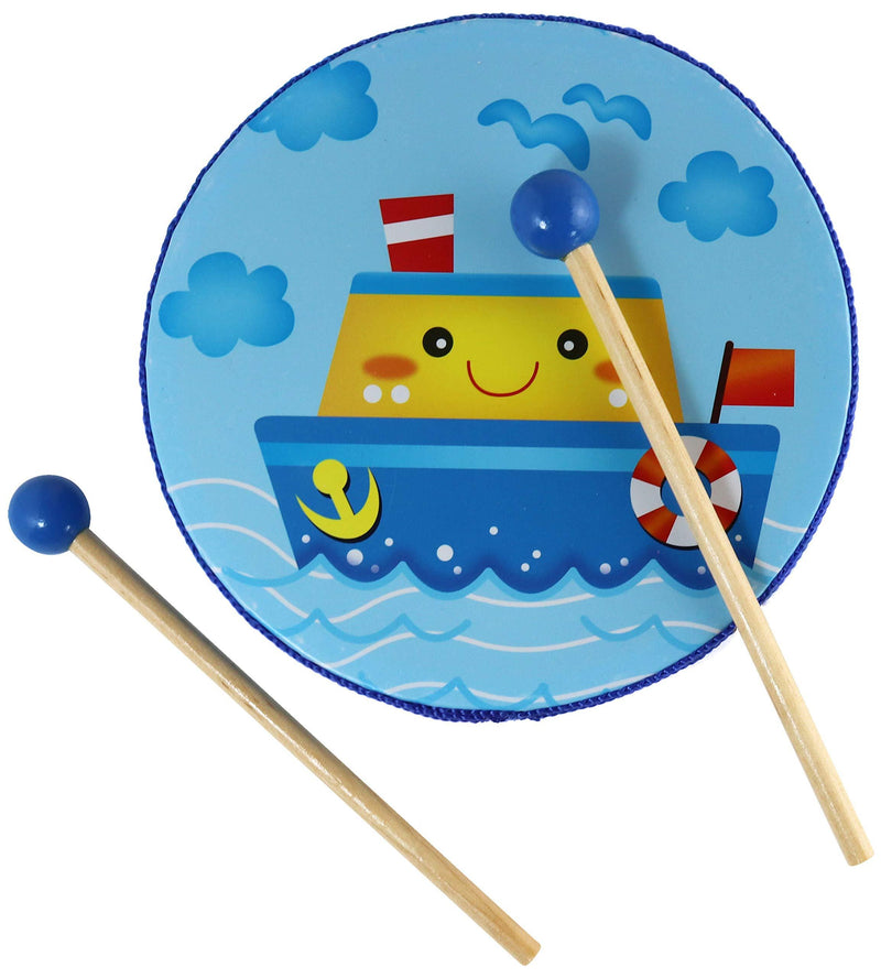 Tambourine and Drum Toy - 2 Wooden Mallets - 6 in Wooden Frame