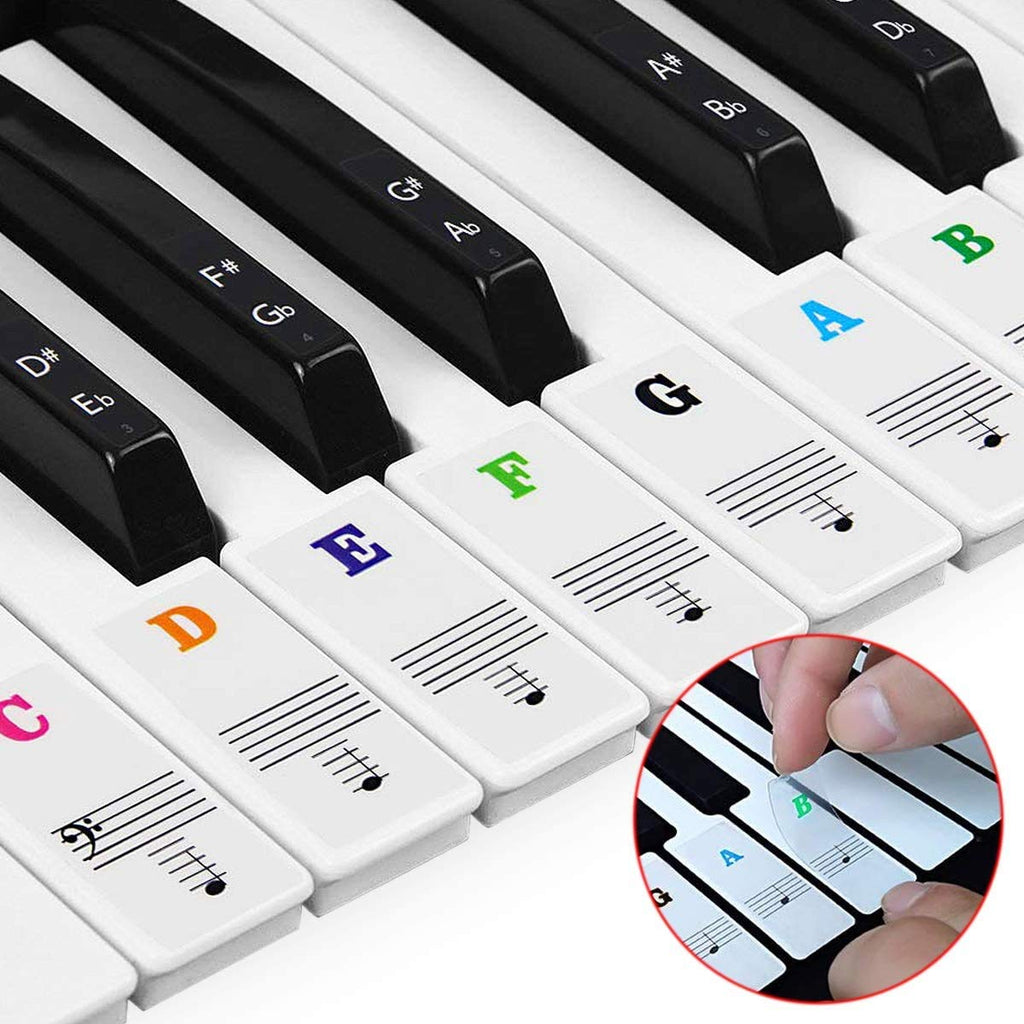 FASHIONROAD Piano Keyboard Stickers Specially for 88/61/76/49 Key,Color Piano Stickers Transparent Removable Piano Keyboard Letters for Beginners and Kids