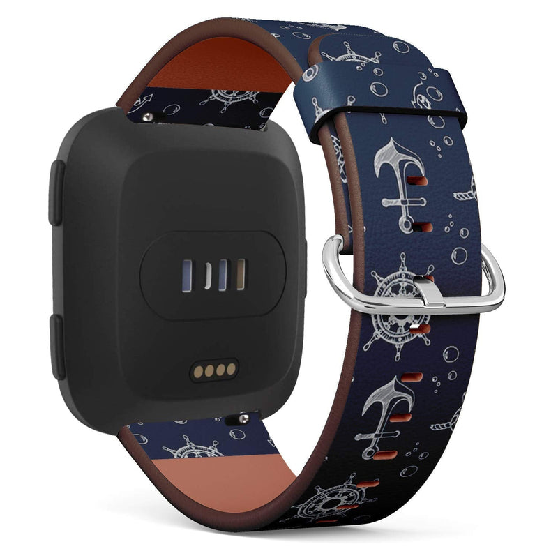 Compatible with Fitbit Versa, Versa 2, Versa Lite - Quick Release Leather Wristband Bracelet Replacement Accessory Band - Nautical Theme Blue