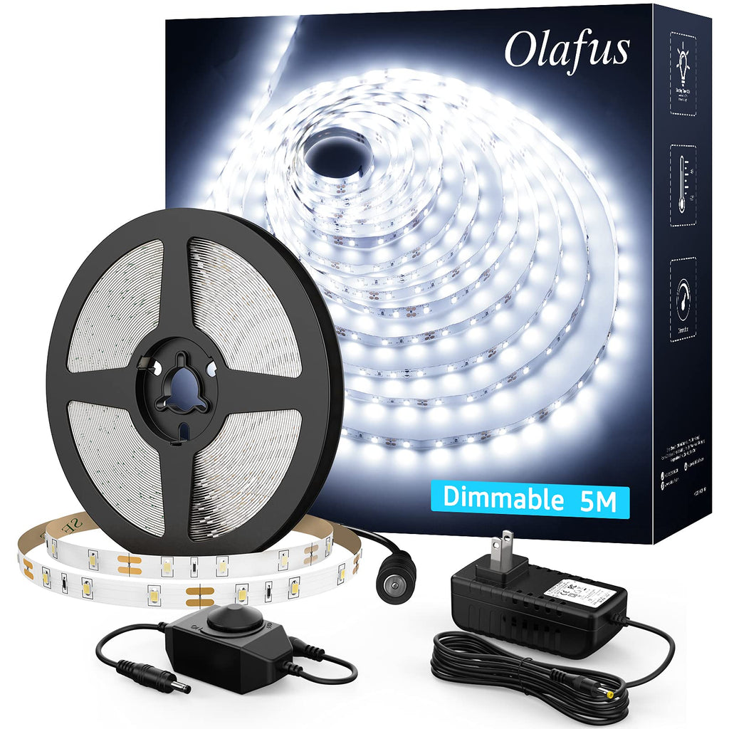 Olafus 16.4ft LED Strip Lights Daylight White, Power Adapter, Dimmable LED Vanity Light, 12V Flexible Under Cabinet Tape Lighting, 5m 300 LEDs 2835, 6000K Cool White Vanity Mirror Bedroom Kitchen