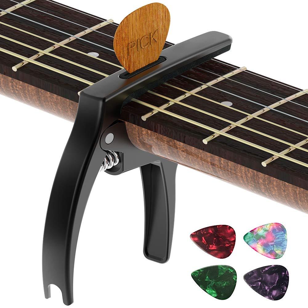 Guitar Capo,TANMUS 3in1 Zinc Metal Capo for Acoustic and Electric Guitars (with Pick Holder and 4Picks)，Ukulele，Mandolin，Banjo，Classical Guitar Accessories Black