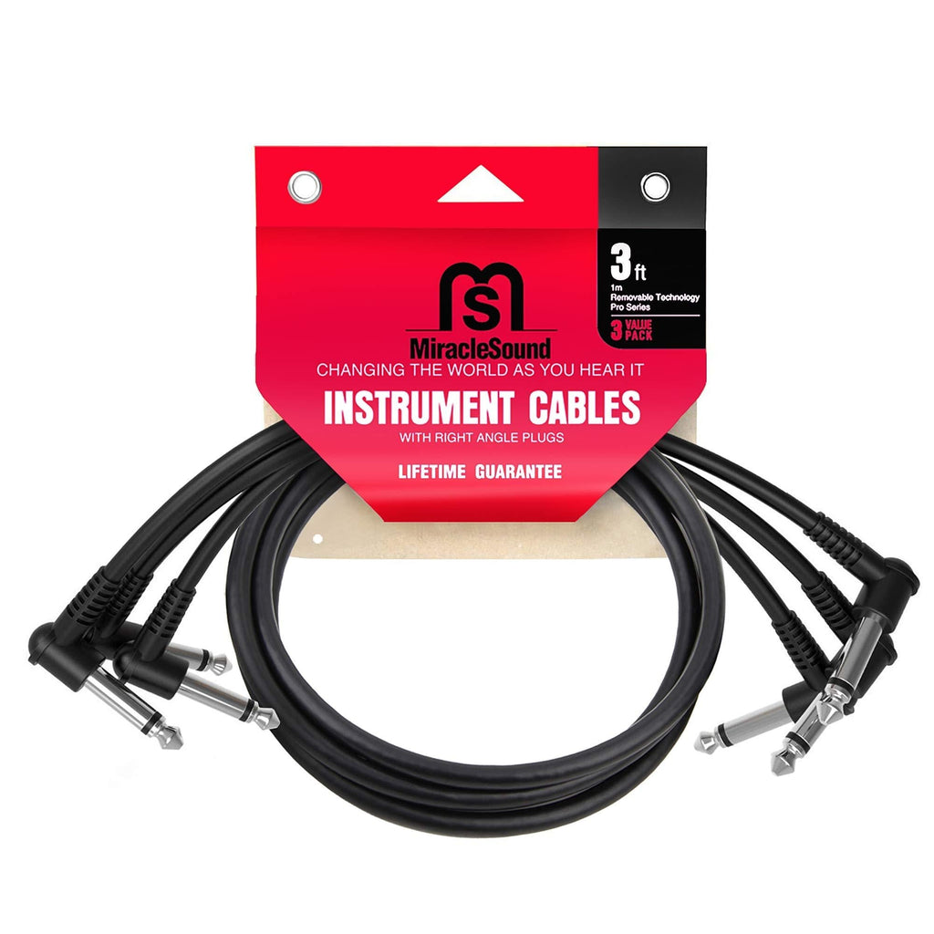 [AUSTRALIA] - Miracle Sound Guitar Patch Cable for Pedalboard Effects with Right Angle Plug 3-Pack Ideal Electric Guitar and Bass Livewire Cable (3 Feet) 3 Feet 