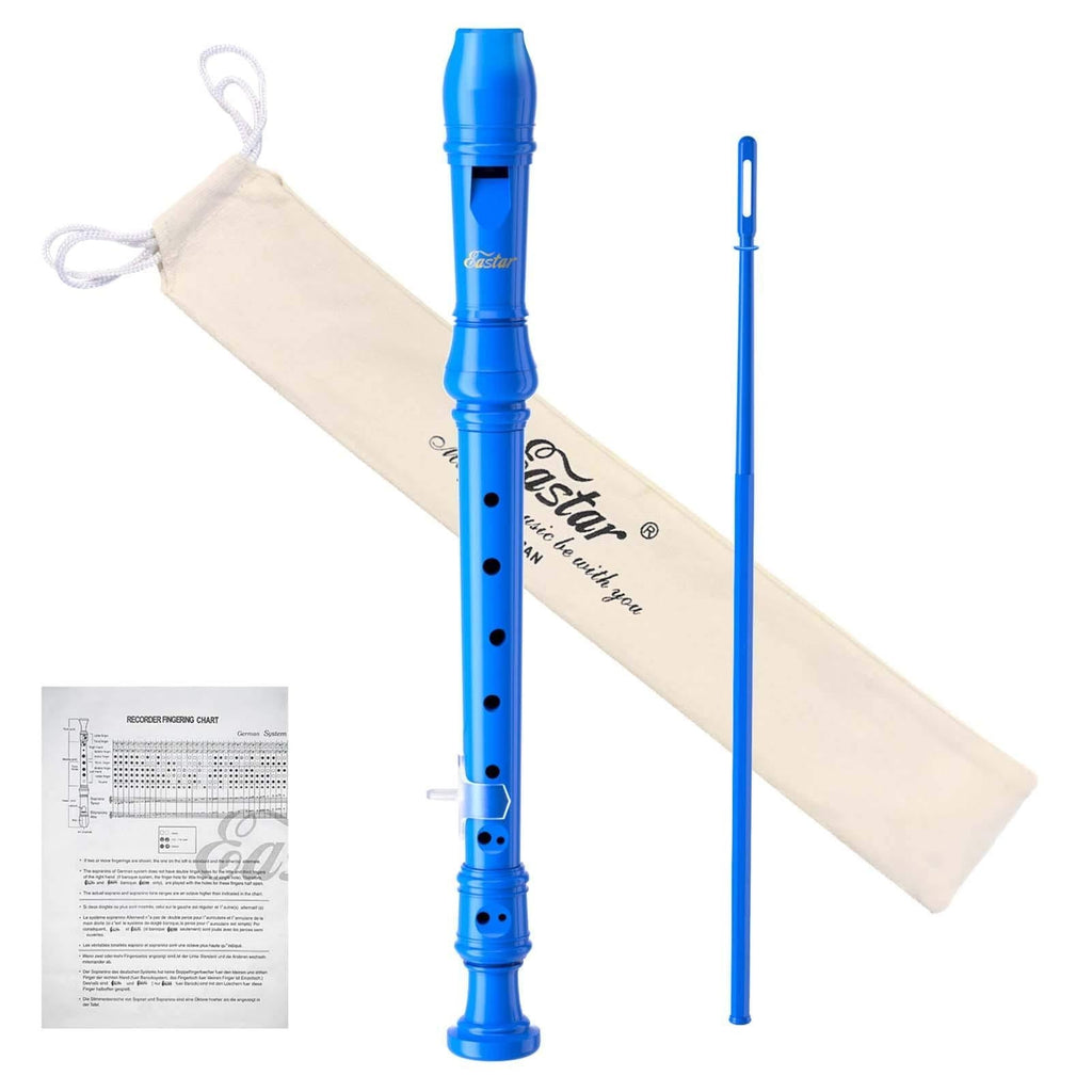 Eastar Soprano Recorder Kids Recorder German Style C Recorder Instrument for Kids with Cleaning Rod,Fingering Chart,Case Bag,Thumb Rest, Soprano Recorder Descant 3 Piece ABS, Blue, ERS-21GB