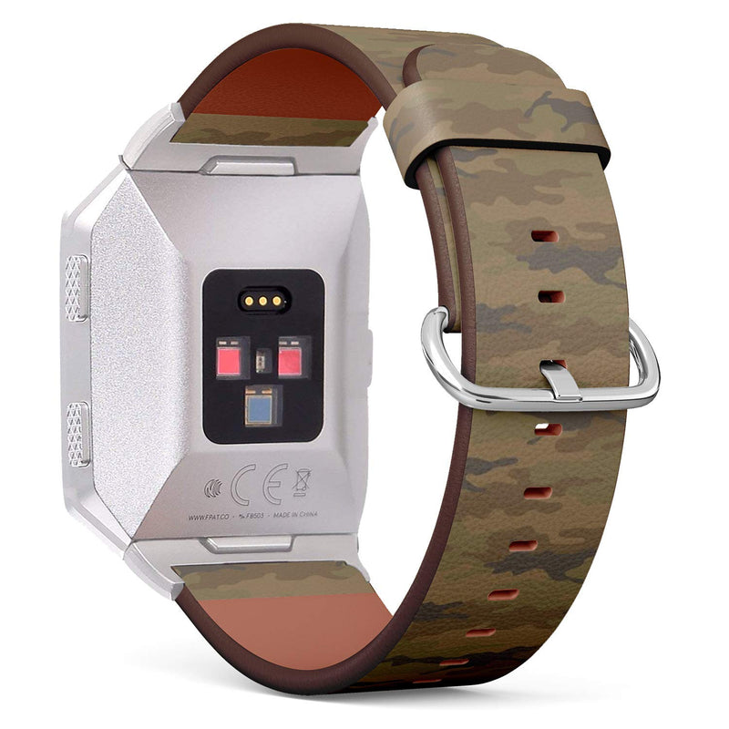 Compatible with Fitbit Ionic Leather Watch Wrist Band Strap Bracelet with Stainless Steel Clasp and Adapters (Camouflage Khaki)