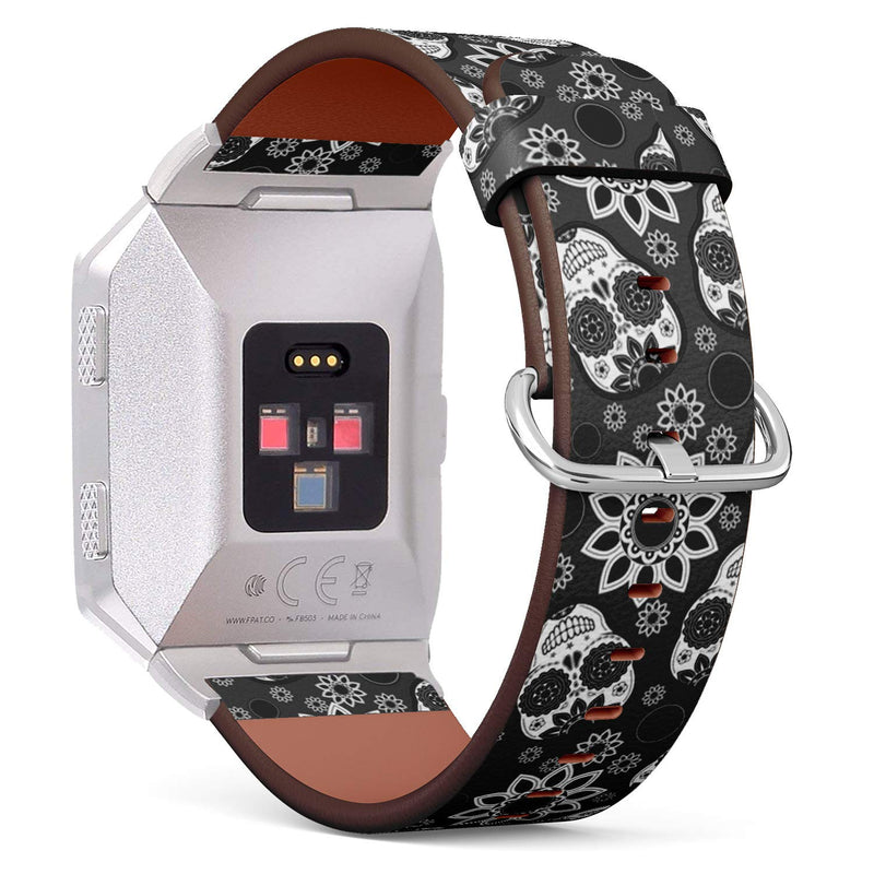Compatible with Fitbit Ionic Leather Watch Wrist Band Strap Bracelet with Stainless Steel Clasp and Adapters (Sugar Skull)
