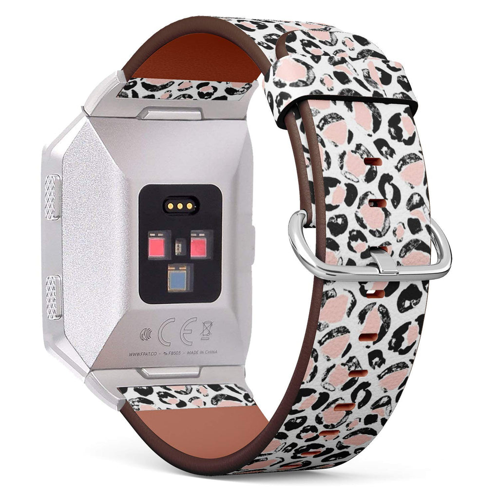 Compatible with Fitbit Ionic Leather Watch Wrist Band Strap Bracelet with Stainless Steel Clasp and Adapters (Distressed Black Pink Leopard)