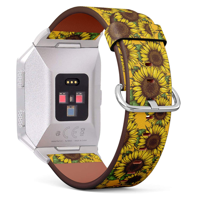 Compatible with Fitbit Ionic Leather Watch Wrist Band Strap Bracelet with Stainless Steel Clasp and Adapters (Sunflower Fabric)