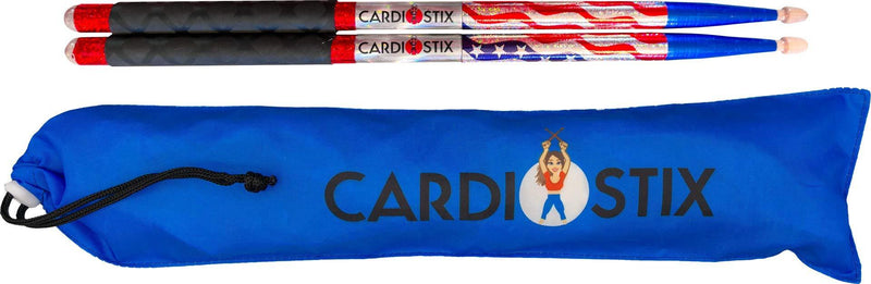 CardioStix Bundle Plus Weighted (1 PAIR YOU CHOOSE) 5oz per pair American Hickory Wood Cardio Drum Sticks 2B 16 Inches Long w/NEW IMPROVED GRIPS | For Drumming, Fitness, Exercises(Flag) American Flag with Bag