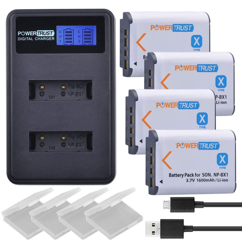 PowerTrust 4X NP-BX1 Battery + LCD Dual USB Charger for Sony Cyber-Shot DSC-RX100, DSC-RX100 II, DSC-RX100M II,DSC-RX100 III, DSC-RX100 V, DSC-RX100 IV, NPBX1/M8,H400, HX300, HX50V, HX90V, WX300