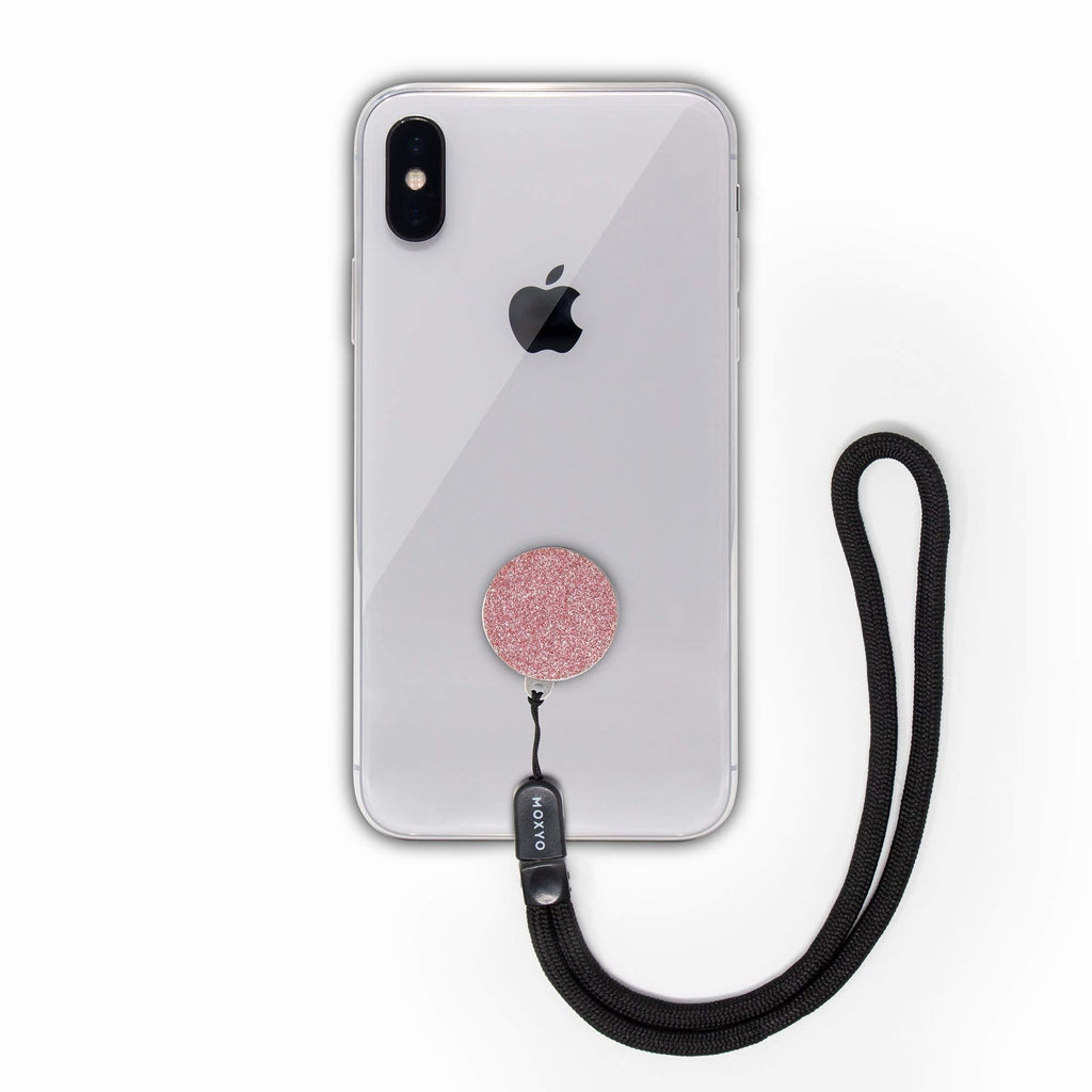 MOXYO - Zigi Band - Universal Cell Phone Lanyard and Wrist Strap, Works with All Smartphones and Tablets Including iPhone and Galaxy & Most Cases (Rose Gold Glitter w/Blk Lanyard) Rose Gold Glitter
