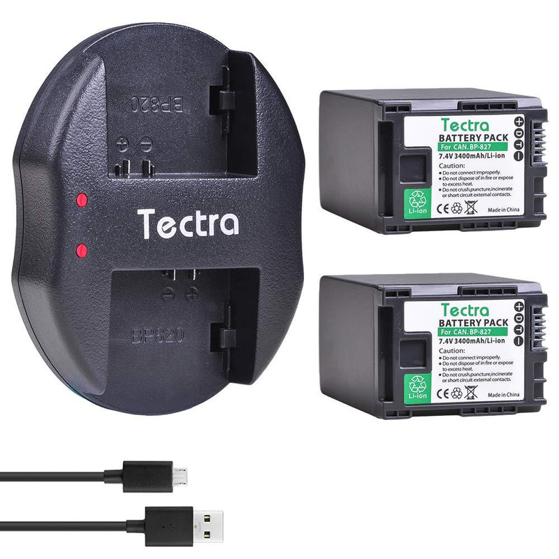Tectra 2pcs BP-827 Batteries + Dual USB Charger for Canon VIXIA HF10 HF11 HF20 HF21 HF100 HF200 HF G10 HF M30 M31 M32
