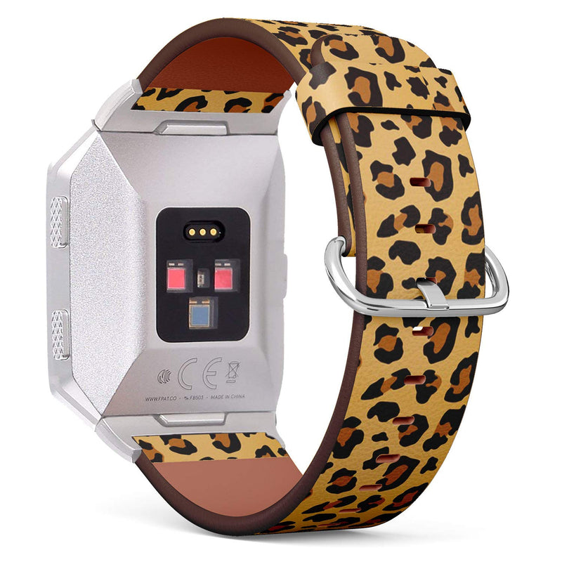 Compatible with Fitbit Ionic - Replacement Leather Wristband Bracelet with Stainless Steel Clasp and Adapters - Leopard Animal Print