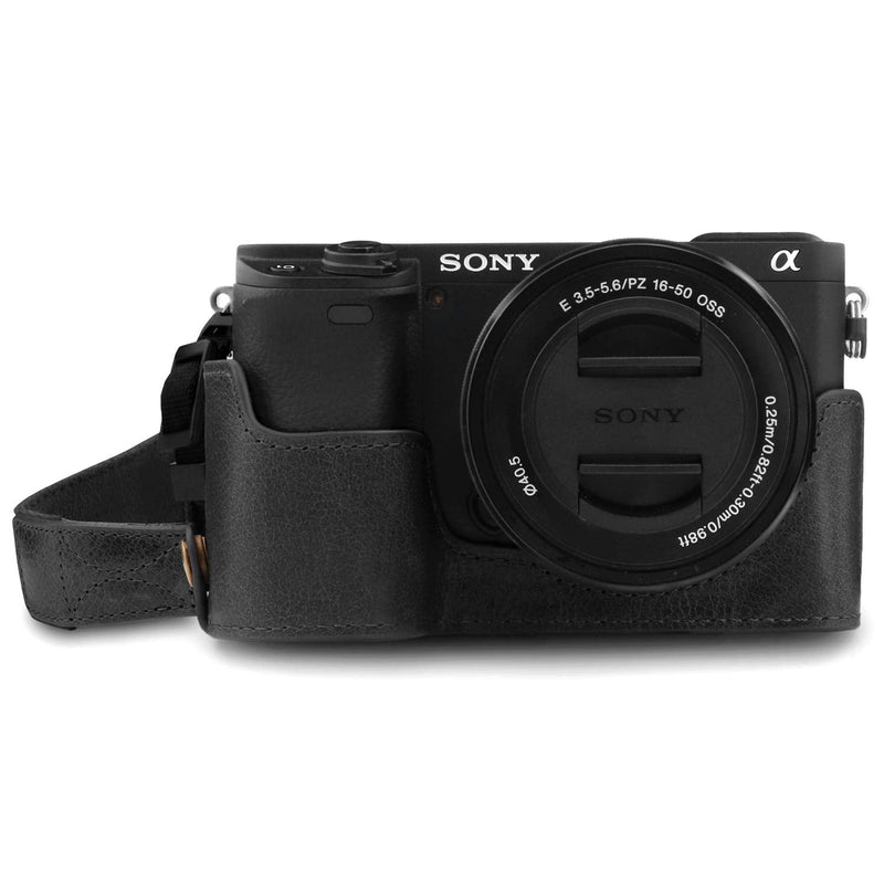 MegaGear Ever Ready Genuine Leather Camera Half Case Compatible with Sony Alpha A6100, A6400 Black