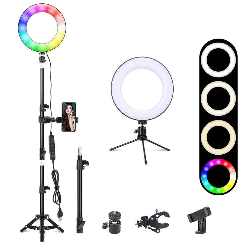 8" Selfie RGB LED Ring Light, Zomei Desktop Beauty Ringlight with 2 Stand Tripods & Cell Phone Holder for Makeup, Tiktok, YouTube, Video, Photography,Live Stream,Vlog Shooting 8-Inch Black 8 inch ring light