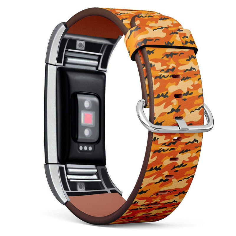 Compatible with Fitbit Charge 2 - Leather Wristband Bracelet Replacement Accessory Band (Includes Adapters) - Orange Camouflage
