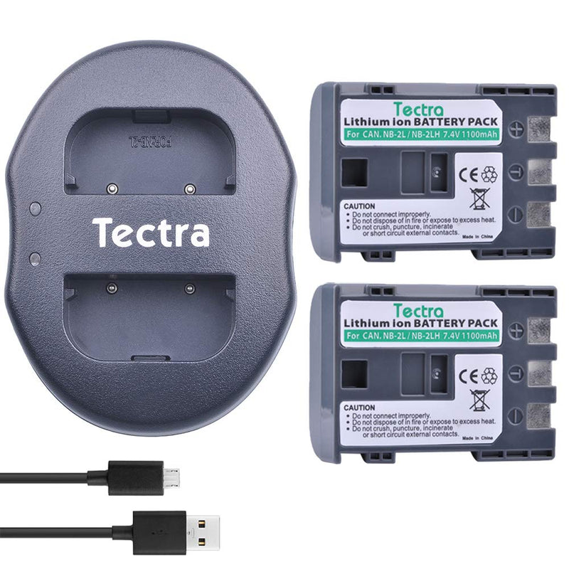 Tectra 2-Pack NB-2L NB-2LH Battery and Dual USB Charger Kit for Canon NB-2L NB-2LH BP-2L5 BP-2LH and Canon DC301 DC310 DC320 DC330 DC410 DC420 Elura 40 50 60 65 70 80 85 90 EOS 350D 400D Camera