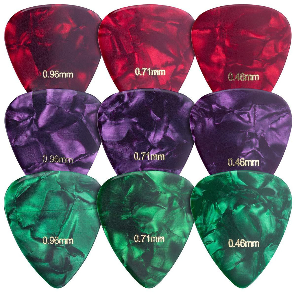 kwmobile Set of 9 Guitar Picks - Includes Thin, Medium, Heavy Gauges for Acoustic, Electric or Bass Guitar, Ukulele - Dark Red/Dark Green/Purple Dark red + Dark green + Violet