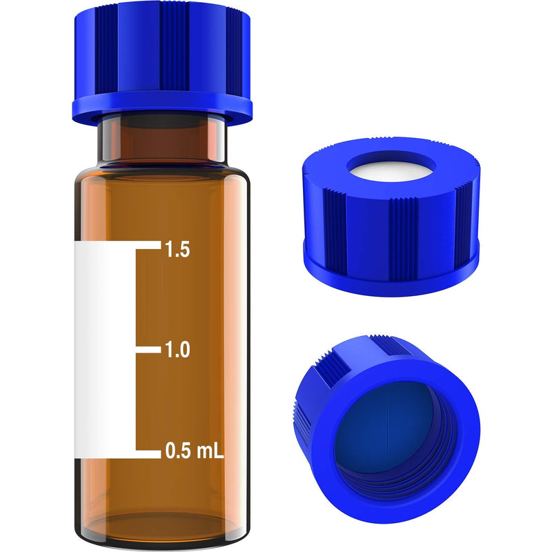 Autosampler Vials 2mL, HPLC/GC Sample Vials, with Writing Area and Graduations, 9-425 Screw Cap, Blue PTFE & White Silicone Pre-Slit Septa, 100 PCS Amber Blue White Pre-Slit