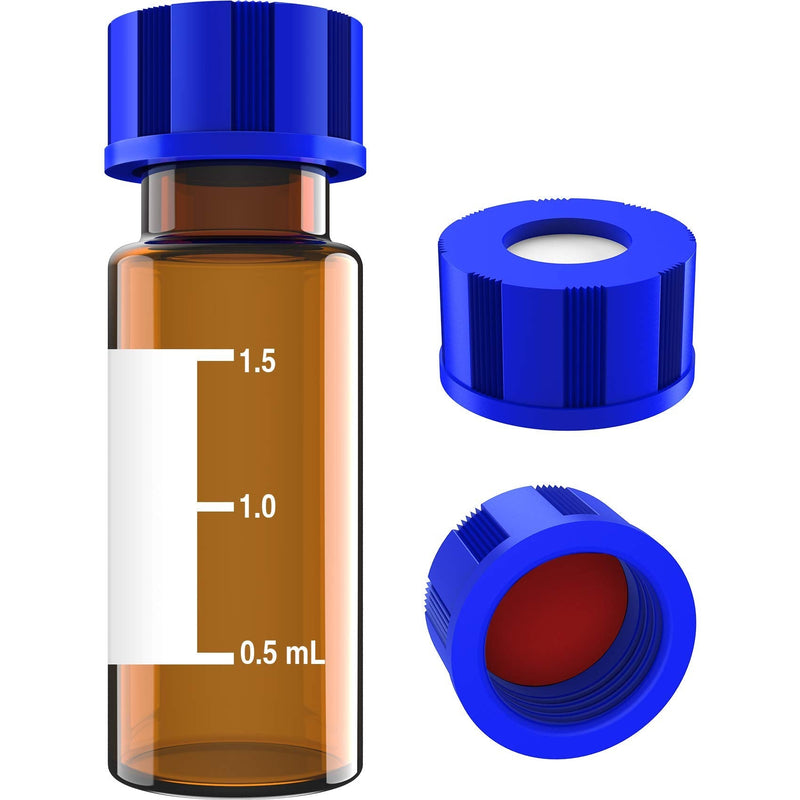2mL Autosampler Vials with Writing Area and Graduations, 9-425 HPLC, Screw Cap, Red PTFE & White Silicone Septa, 100 Pcs Amber Red White Septa