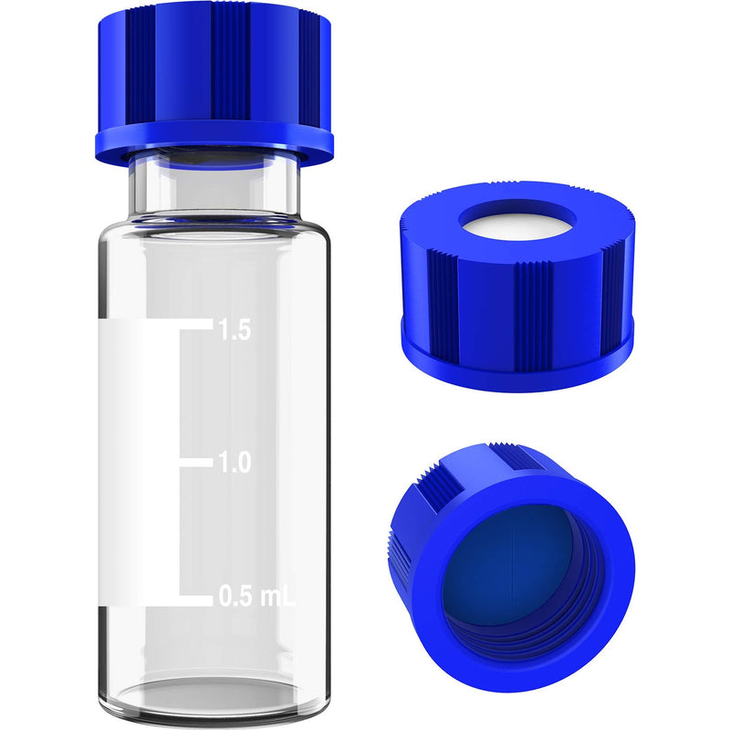2mL Autosampler Vials with Writing Area and Graduations, 9-425 HPLC, Screw Cap, Blue PTFE & White Silicone Pre-Slit Septa, 100 Pcs Clear Blue White Pre-Slit