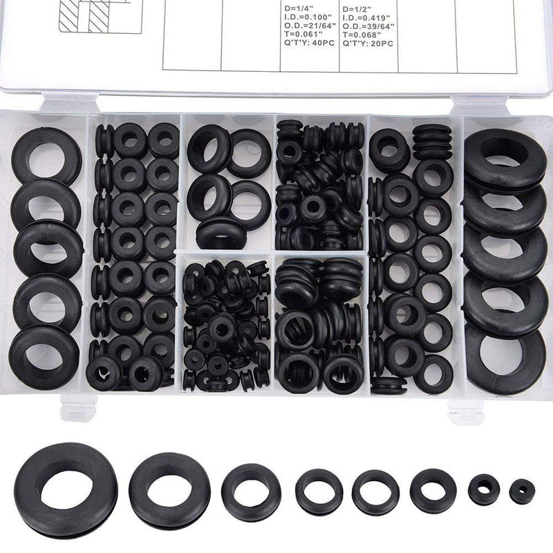 180pcs Rubber Electrical Wire Gasket O Ring Washer Grommet Assortment Set | 1/4", 5/16", 3/8", 7/16", 1/2", 5/8", 7/8", 1"