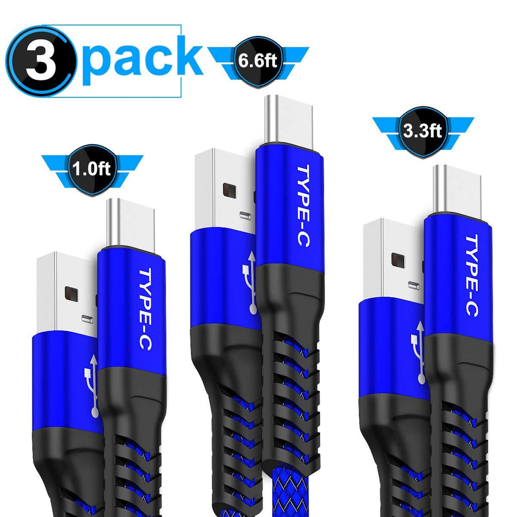 USB Type C Cable, AkoaDa 3-Pack (1/3.3/6.6ft) USB to USB C Cable Nylon Braided Fast Charger Cord Compatible Samsung Galaxy Note 10 9 S8 S9 S10 Plus, Google Pixel 2 XL,LG G5 G6 V20, Moto Z Z2(Blue) blue