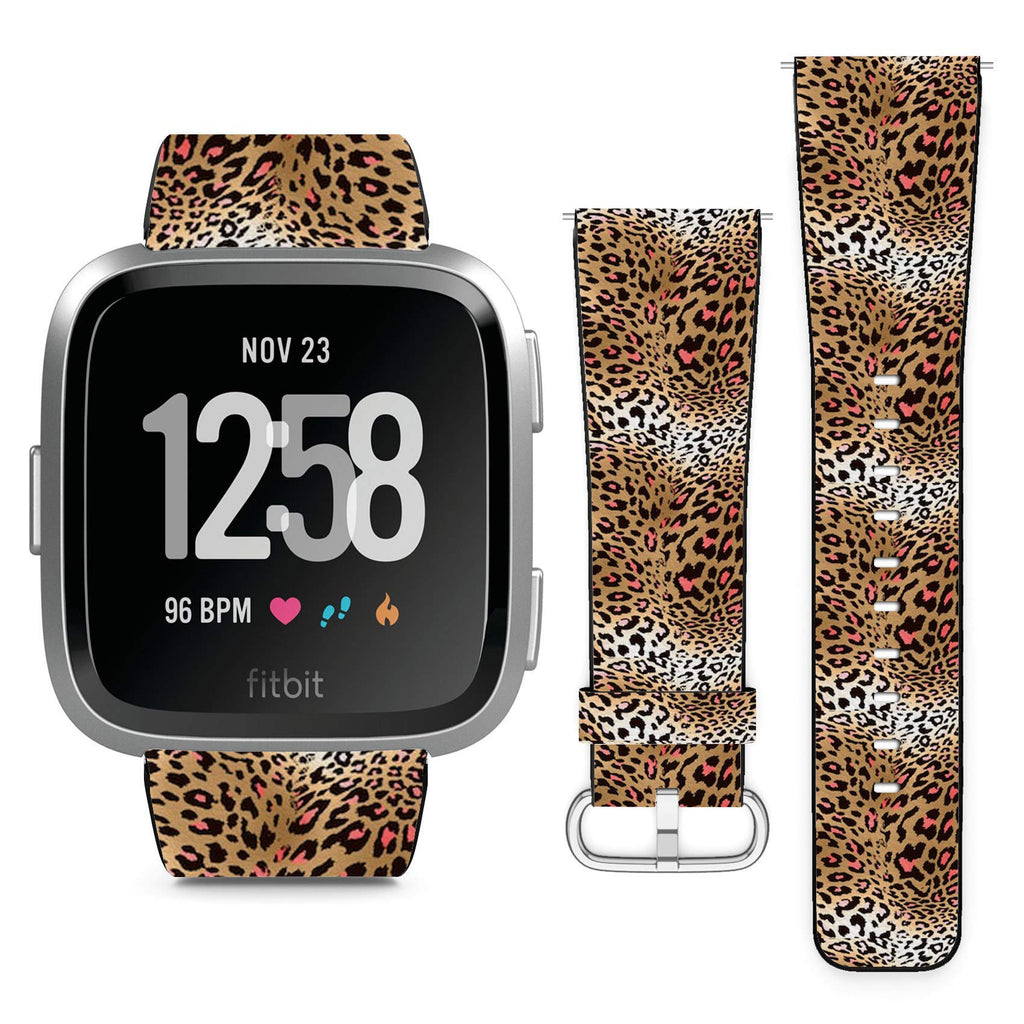 Compatible with Fitbit Versa, Versa 2, Versa Lite, Leather Replacement Bracelet Strap Wristband with Quick Release Pins // Animal Print Leopard Texture