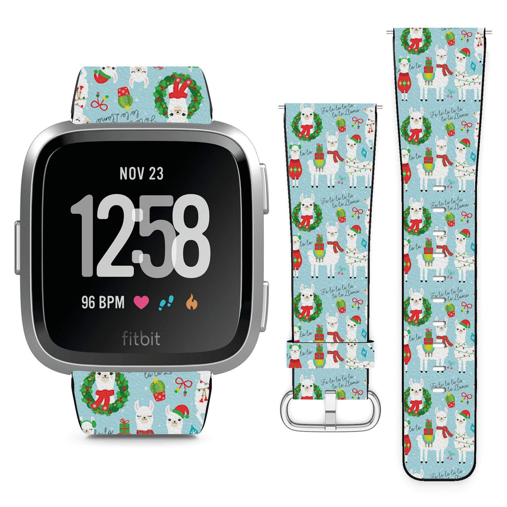 Compatible with Fitbit Versa, Versa 2, Versa Lite, Leather Replacement Bracelet Strap Wristband with Quick Release Pins // Cute Llama Alpaca Christmas Holidays