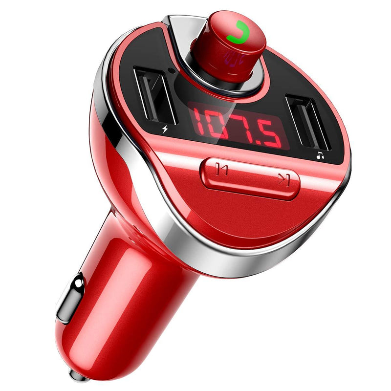 Criacr [Upgraded Version] Bluetooth FM Transmitter for Car, Wireless FM Radio Transmitter Adapter Car Kit, Dual USB Charging Ports, Hands Free Calling, U Disk, TF Card MP3 Music Player(Red) Red
