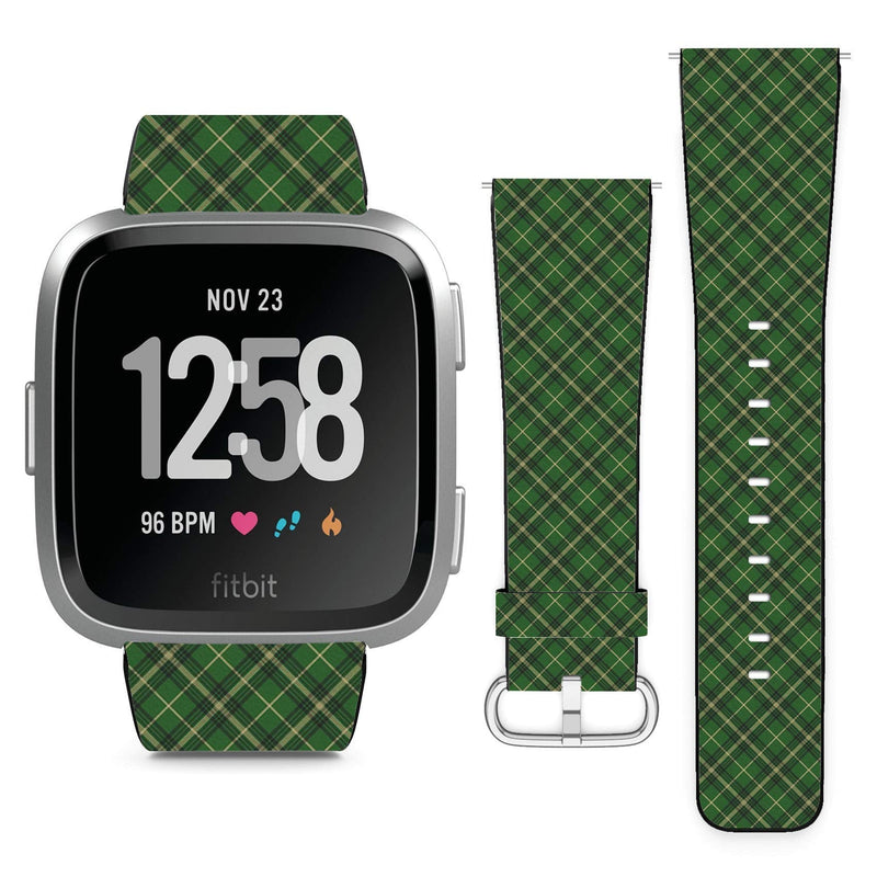 Compatible with Fitbit Versa, Versa 2, Versa Lite, Leather Replacement Bracelet Strap Wristband with Quick Release Pins // Green Check Plaid Tartan