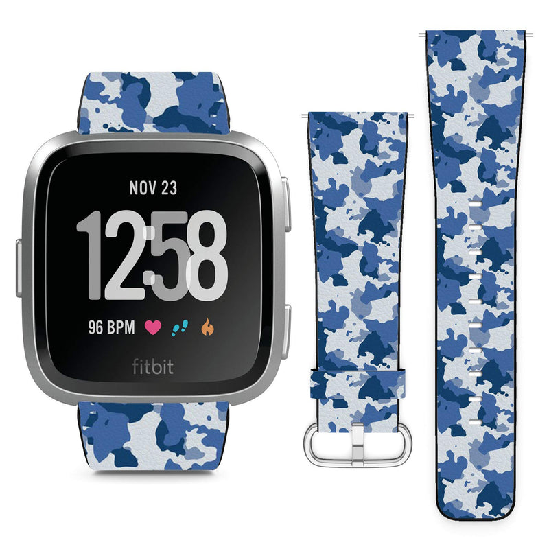 Compatible with Fitbit Versa, Versa 2, Versa Lite, Leather Replacement Bracelet Strap Wristband with Quick Release Pins // Blue Camo