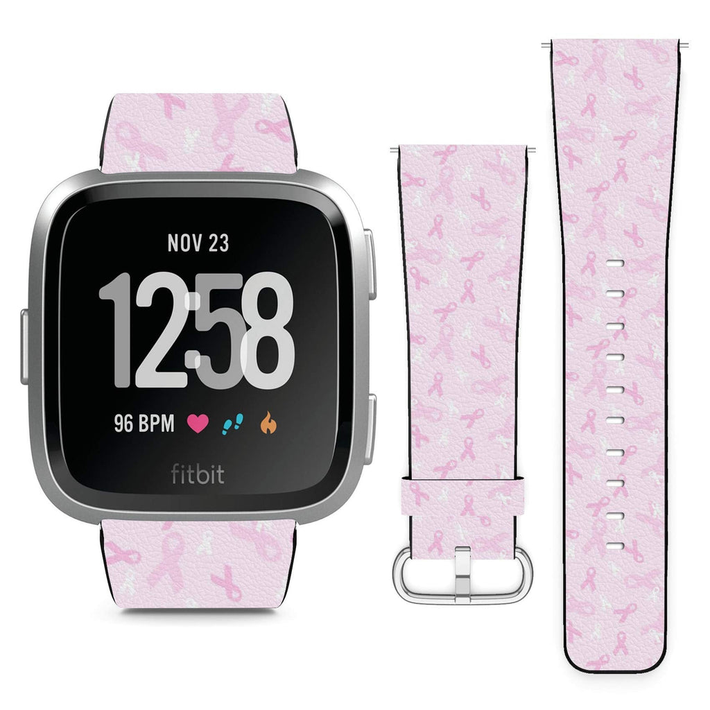 Compatible with Fitbit Versa, Versa 2, Versa Lite, Leather Replacement Bracelet Strap Wristband with Quick Release Pins // Breast Cancer Awareness Pink Ribbon