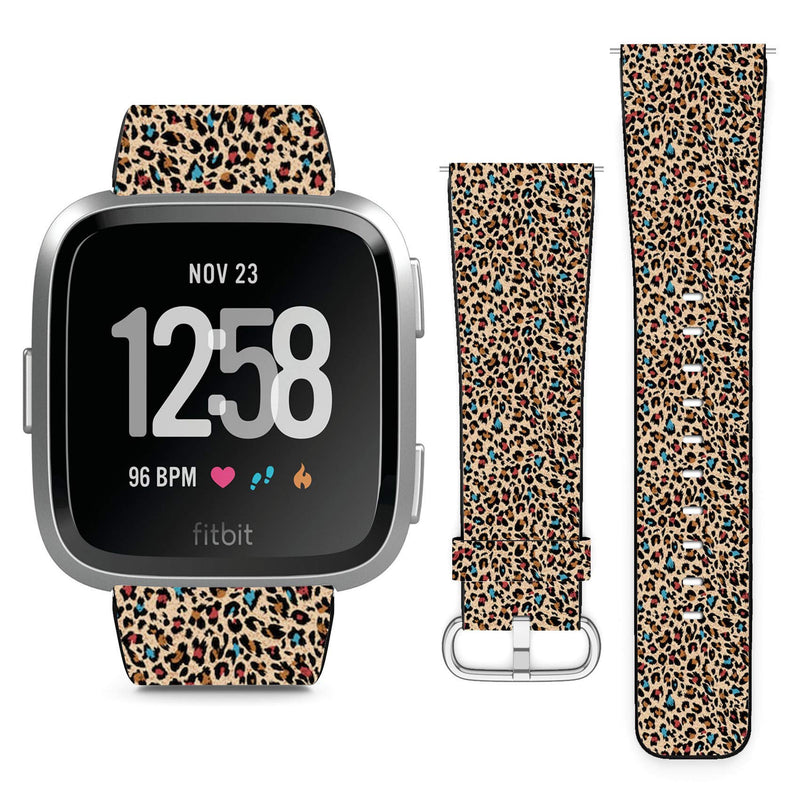 Compatible with Fitbit Versa, Versa 2, Versa Lite, Leather Replacement Bracelet Strap Wristband with Quick Release Pins // Leopard Print