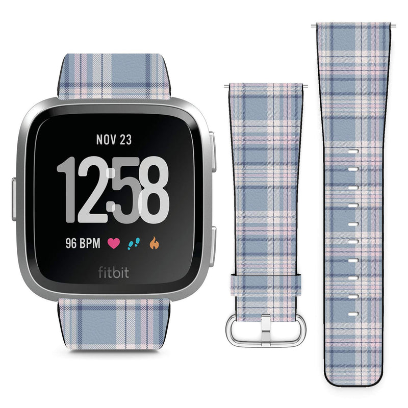Compatible with Fitbit Versa, Versa 2, Versa Lite, Leather Replacement Bracelet Strap Wristband with Quick Release Pins // Plaid Design Dusty Blue Pink
