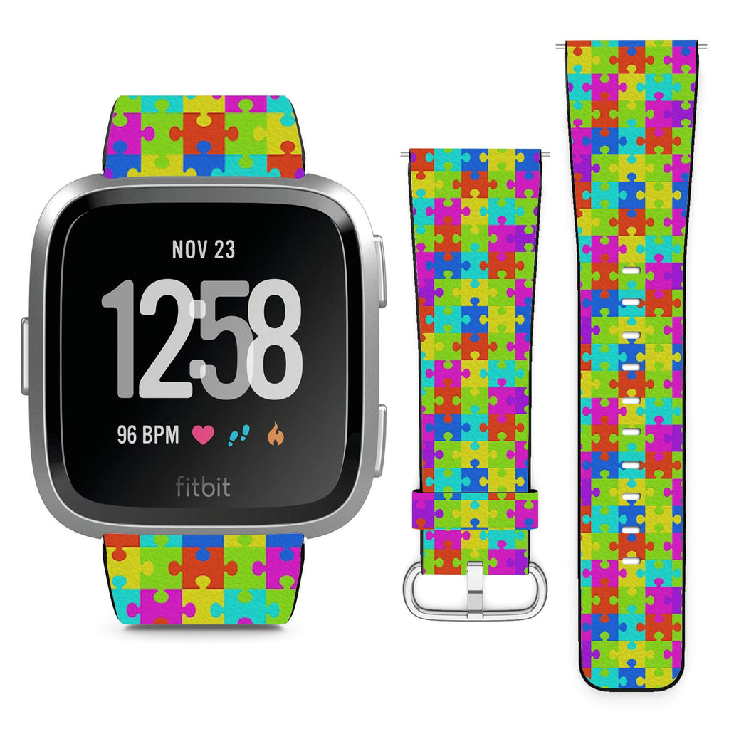 Compatible with Fitbit Versa, Versa 2, Versa Lite, Leather Replacement Bracelet Strap Wristband with Quick Release Pins // Colorful Puzzle