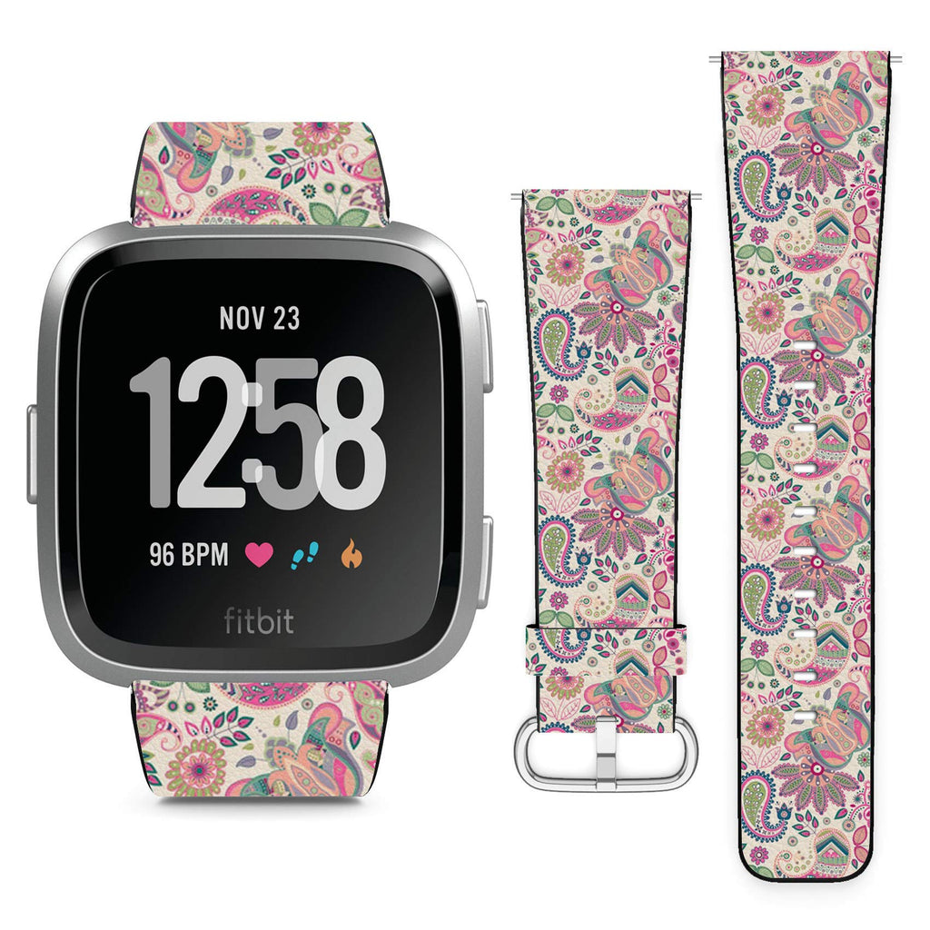 Compatible with Fitbit Versa, Versa 2, Versa Lite, Leather Replacement Bracelet Strap Wristband with Quick Release Pins // Paisley Floral