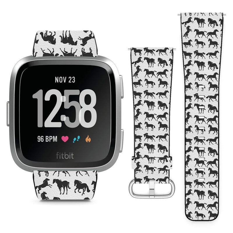 Compatible with Fitbit Versa, Versa 2, Versa Lite, Leather Replacement Bracelet Strap Wristband with Quick Release Pins // Horses Silhouettes On Grey