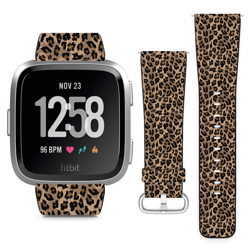 Compatible with Fitbit Versa, Versa 2, Versa Lite, Leather Replacement Bracelet Strap Wristband with Quick Release Pins // Leopard Design