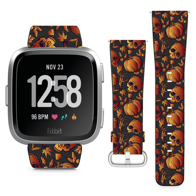 Compatible with Fitbit Versa, Versa 2, Versa Lite, Leather Replacement Bracelet Strap Wristband with Quick Release Pins // Halloween Skull Leaves