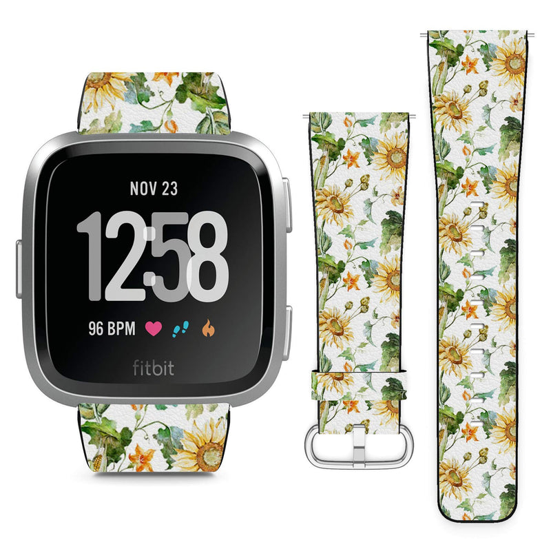 Compatible with Fitbit Versa, Versa 2, Versa Lite, Leather Replacement Bracelet Strap Wristband with Quick Release Pins // Watercolor Bright Autumn Sunflowers