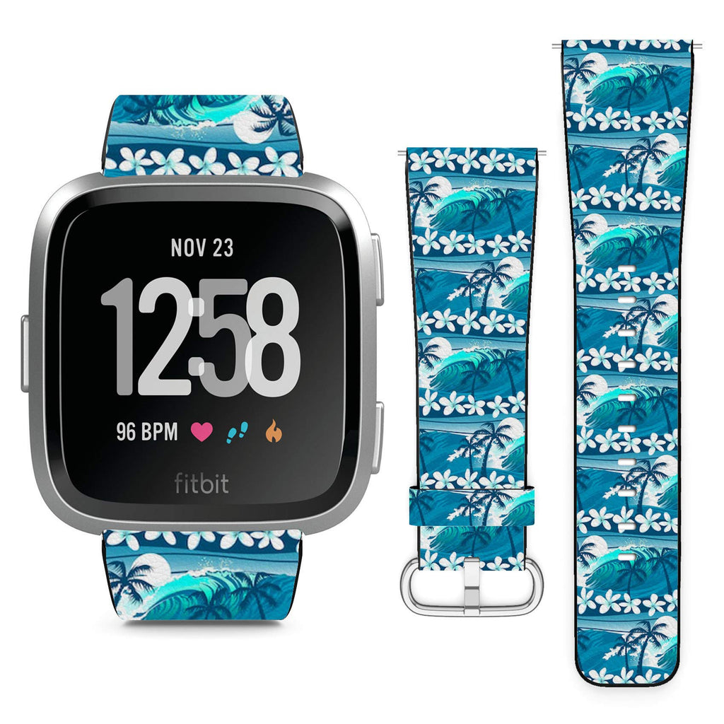 Compatible with Fitbit Versa, Versa 2, Versa Lite, Leather Replacement Bracelet Strap Wristband with Quick Release Pins // Blue Tropical Surfing Palm Trees