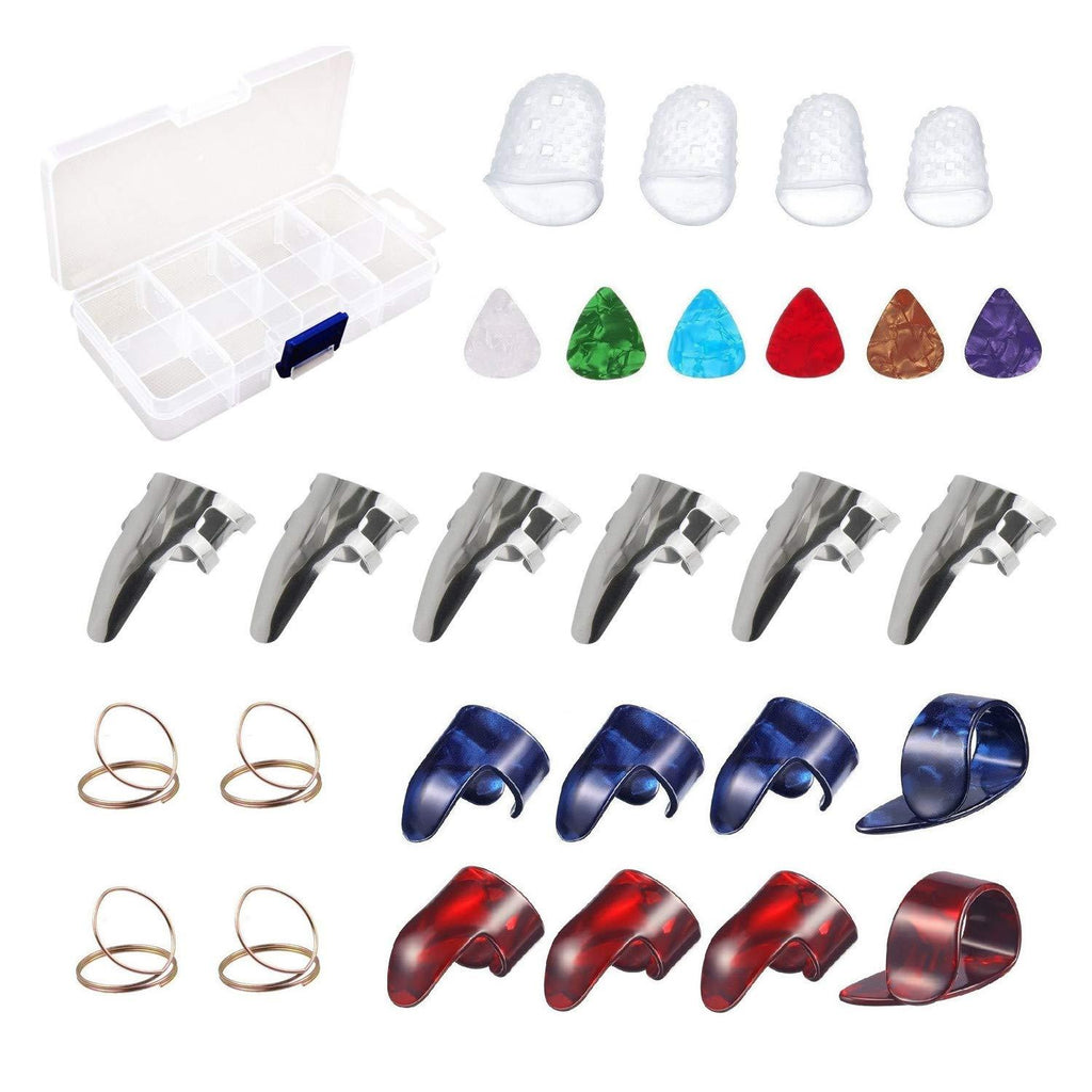 Guitar Accessories Kit Including 18pcs Finger Pick Thumb Pick Set Guitar Picks 6 Pcs Guitar Picks 4 Pcs Clear Guitar Finger Protectors with Grid Case Storage Box