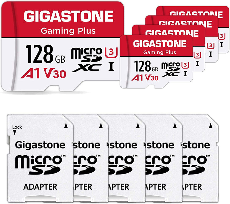 [Gigastone] Micro SD Card 128GB 5-Pack, Gaming Plus, MicroSDHC Memory Card for Nintendo-Switch, Wyze Cam, Roku, Full HD Video Recording, UHS-I U1 A1 Class 10, up to 100MB/s, with MicroSD to SD Adapter 128GB Gaming Plus 5-pack