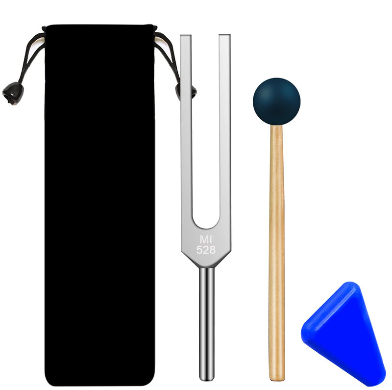 528 Hz Tuning Fork for Healing, DNA Repair, Reliever Stress and Perfect Healing Musical Instrument, Frequency of Love, Silver, with Black Rubber Mallet, Triangular Silicone and Velvet Storage Bag