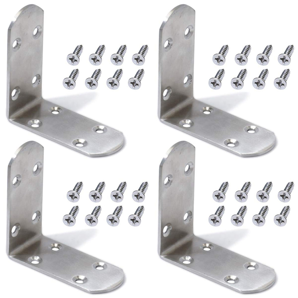 Boeray 304 Stainless Steel Corner Brace, 90mm x 90mm / 3.5"x3.5" Right L Joint Angle Braces Shelf Bracket Pack of 4 with Fix Screw 90mm-4 pack
