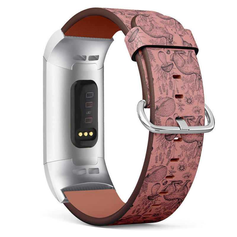 Compatible with Fitbit Charge 3 & 3 SE - Leather Wristband Bracelet Replacement Accessory Band (Includes Adapters) - Forest Animals Plants