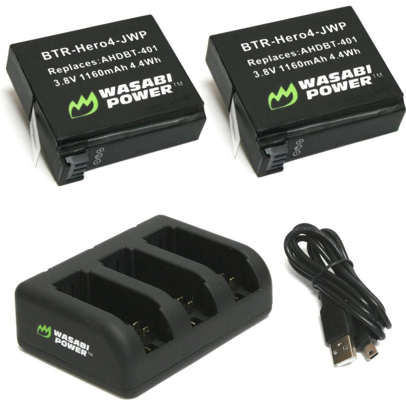 Wasabi Power HERO4 Battery (x2) and USB Triple Charger for GoPro AHDBT-401, Hero 4