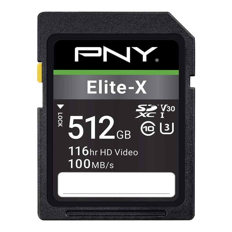 PNY 512GB Elite-X Class 10 U3 V30 SDXC Flash Memory Card - 100MB/s, Class 10, U3, V30, 4K UHD, Full HD, UHS-I, Full Size SD