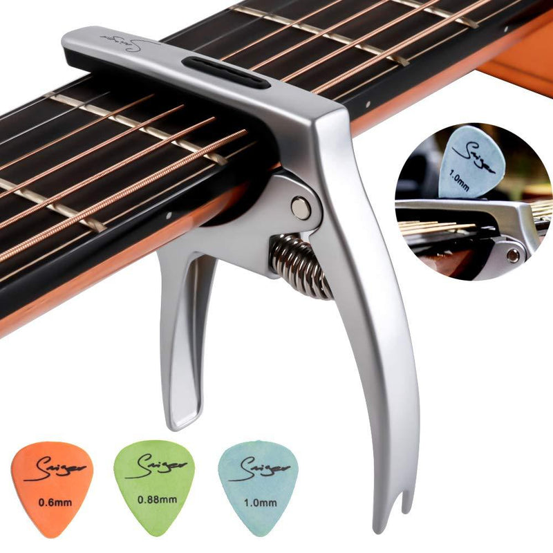 Universal Guitar Capo 3 in1 Zinc Alloy Metal Capos Silver for Acustic Electric Guitar with Pick Holder and 3 Picks picks)