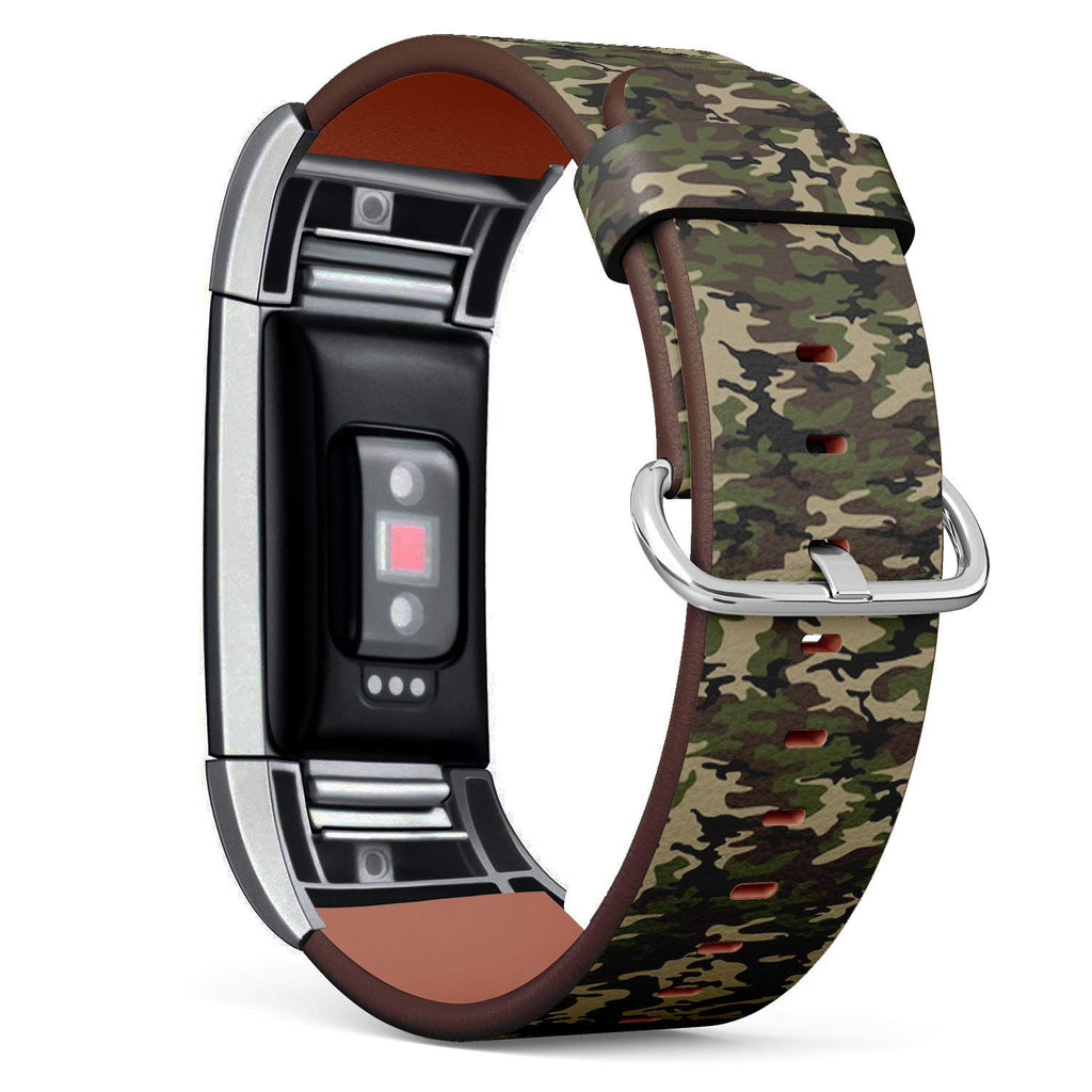 Compatible with Fitbit Charge 2 - Leather Watch Wrist Band Strap Bracelet with Stainless Steel Clasp and Adapters (Camouflage Texture)